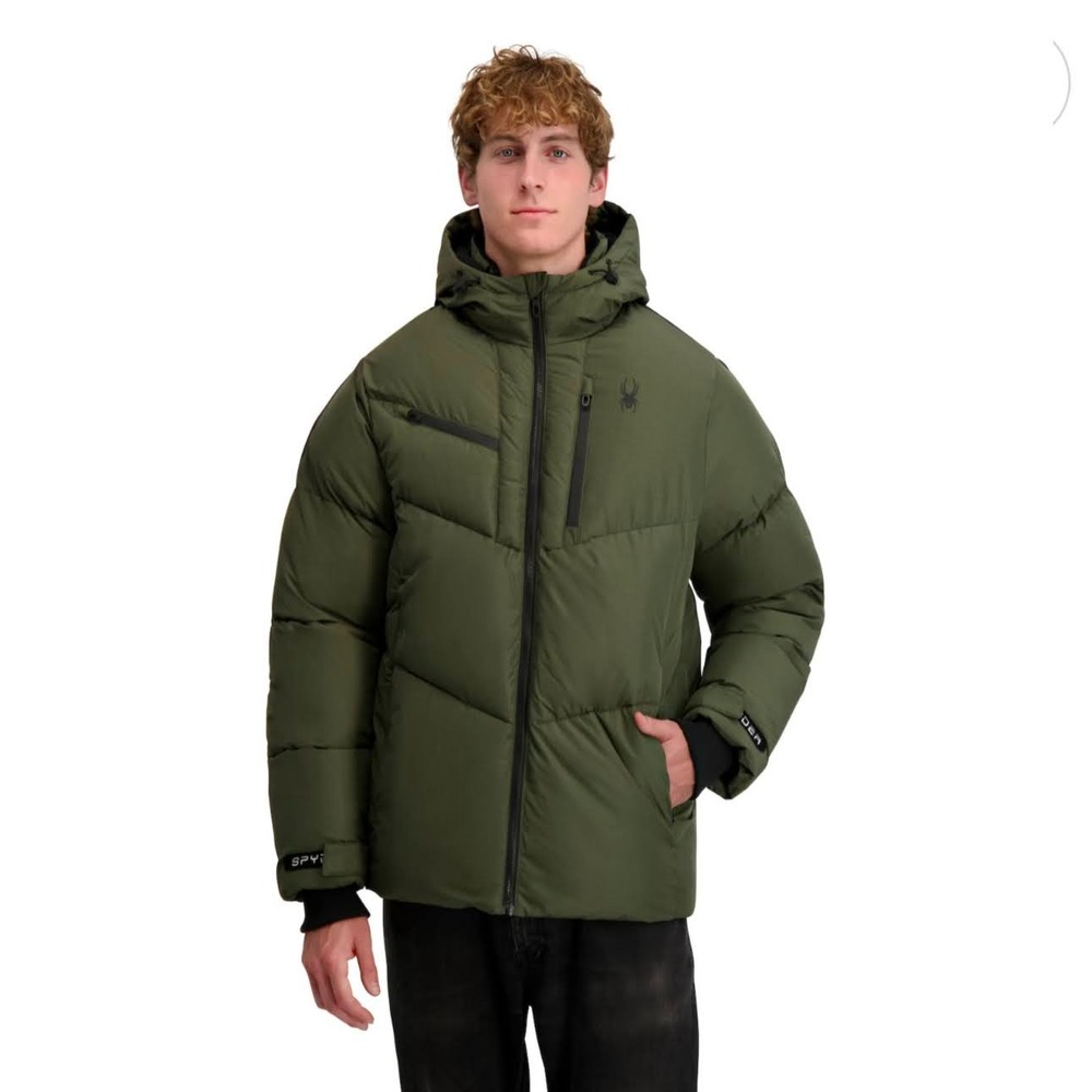 Mens Size S Spyder Hooded Heavy Puffer Jacket Green Zipper Pockets Winter Zip Up